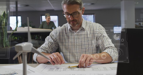 Image of financial data processing over biracial businessman