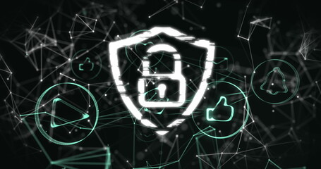 Image of online security padlock with digital icons and networks of connections