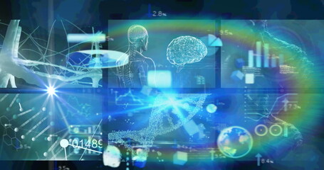 Fototapeta na wymiar Image of medical data processing on screens on blue background