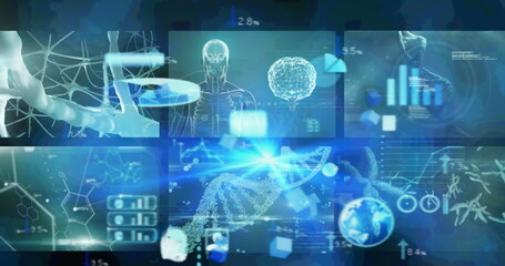 Fototapeta na wymiar Image of medical data processing on screens on blue background