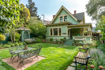 A side angle view of a craftsman house in a pale sage green, with a backyard featuring a Victorian-era inspired secret garden and wrought iron benches.
