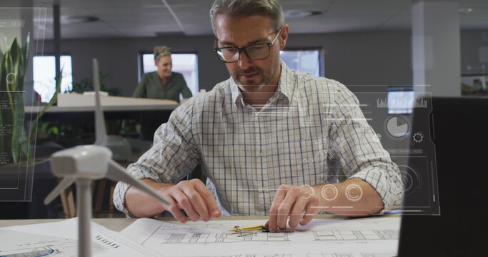 Image of financial data processing over biracial businessman