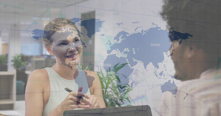 Image of world map and data processing over diverse business people in office