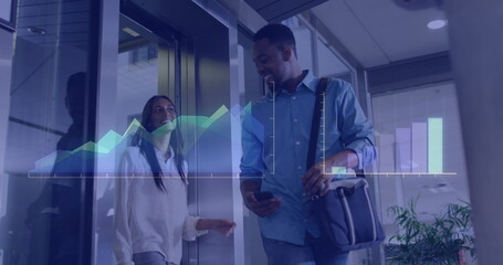 Image of financial data processing over biracial businessman