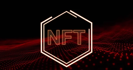  Image of nft in hexagon over black background with red glitter © vectorfusionart