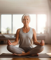 Full-length view of an elderly woman, 60 years old practicing yoga in the lotus position. A mature yoga teacher finds time for herself at home. Meditation and relaxation. - obrazy, fototapety, plakaty