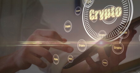 Image of crypto in circles over hands of caucasian woman using tablet