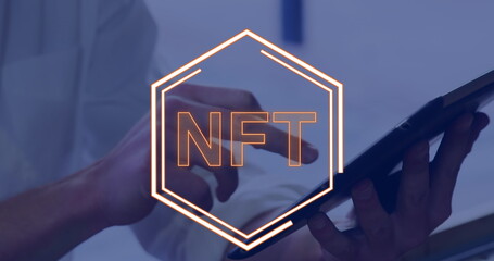 Image of nft in hexagon over hands of caucasian man using tablet