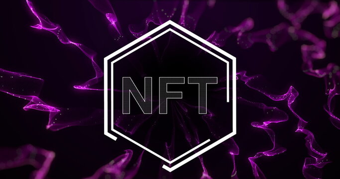 Image of nft in hexagon over black background with purple waves