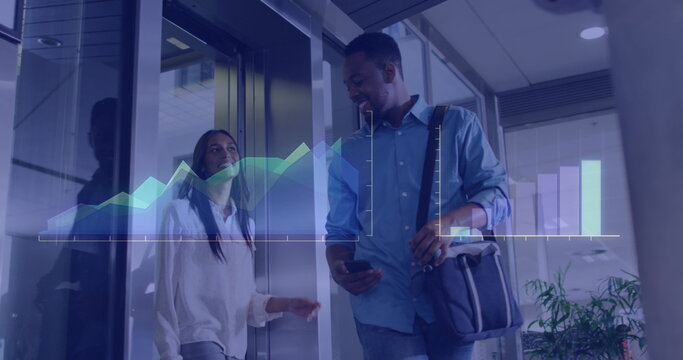 Image of financial data processing over biracial businessman