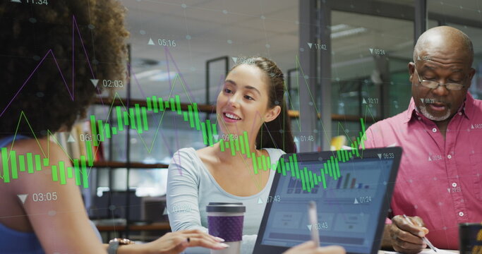 Image of financial data processing over diverse business people in office