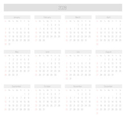Monthly calendar of year 2028. Week starts on Sunday. Block of months in two rows and six columns horizontal arrangement. Simple thin minimalist design. Vector illustration.