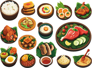 Set of meals for breakfast, lunch and dinner, Indonesian food, street food traditional, vector illustration