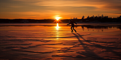 Silhouette of a person ice skating on a frozen lake during golden hour