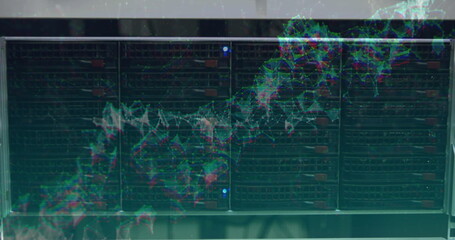 Digital wave of network of connections floating against computer server room