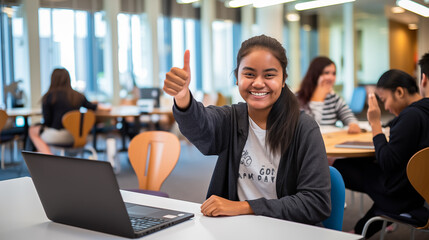 Obraz premium A confident young woman in a casual outfit giving a thumbs up while working on her laptop, surrounded by fellow students in a collaborative study space.