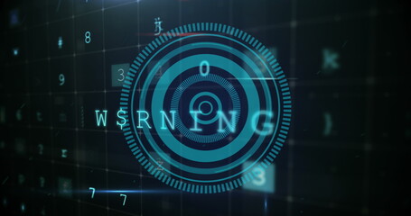 Cyber security data processing over blue round scanner on black background
