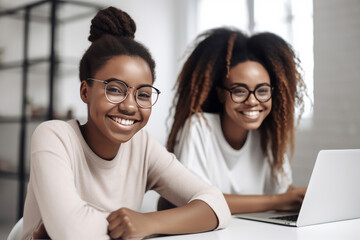 Cheerful diverse women working on laptop