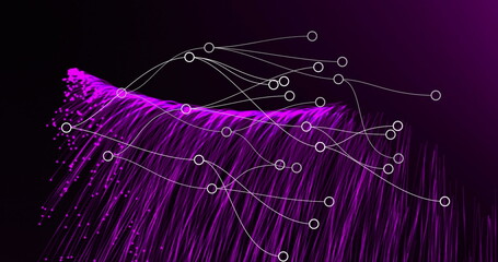 Network of connections over purple light trails falling against black background
