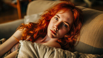 A woman with fiery red hair sitting on a sofa, a pillow in her arms, her look soft and enticing