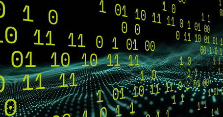 Binary coding data processing over green digital wave floating against black background