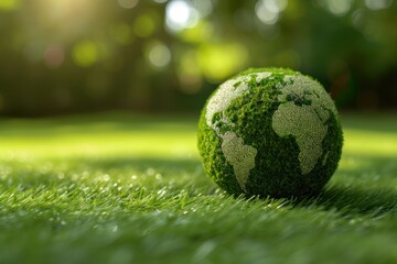 Naklejka premium Green globe made of grass with a picture of the planet. The ecological concept of the survival of the planet. Concept of nature and environment. Natural resources and environmental cleanup