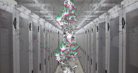 Image of dna rotating over servers