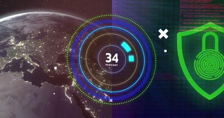 Increasing percentage over neon round scanner against data processing on black background