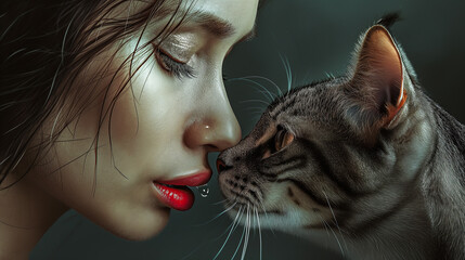 Sad woman with tear licked by cat. - obrazy, fototapety, plakaty