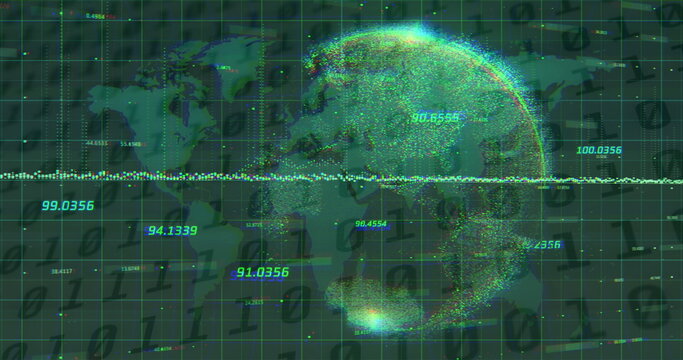 Multiple changing numbers floating over spinning globe and world map against binary coding - Powered by Adobe
