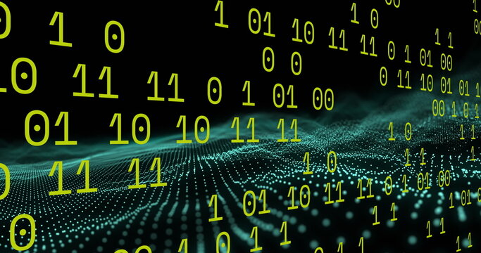 Binary coding data processing over green digital wave floating against black background