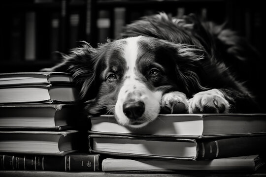 Tranquil image of a resting dog among a pile of books, depicting a peaceful and intellectual atmosphere