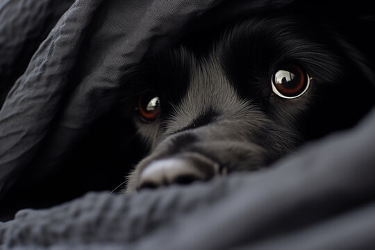 Macro shot of a canine's black nose surrounded by soft fabric, focusing on the sense of smell