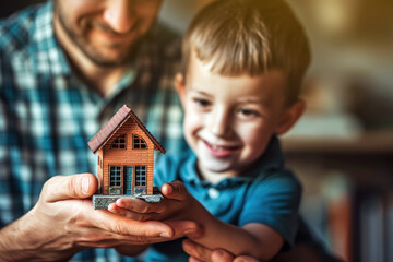 Father and son holding a miniature house in their hands. The concept of transfer of property and inheritance. Real estate. housing as a gift, apartment or house - obrazy, fototapety, plakaty
