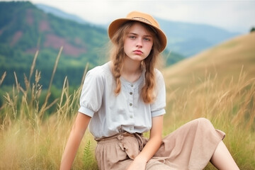 Young peasant girl with pigtails, straw hat, meditating in dry hilly fields.