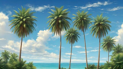 Fototapeta na wymiar A vibrant 3D illustration featuring tall palm trees against a clear blue sky. Ideal for travel or vacation themes