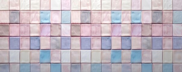 Soft pink blue pastel colored checkered square mosaic tiles wall texture background, seamless pattern, Generative AI 