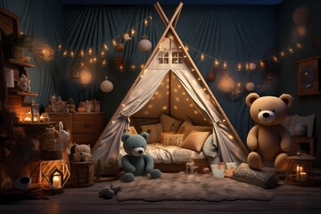 Magical children's bedroom at night filled with toys, a lovable teddy bear, and a delightful tent creating a dreamy and comforting space - obrazy, fototapety, plakaty