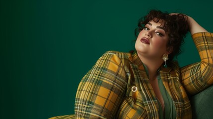 Plus size female model on a green background. Photo in fashion editorial style
