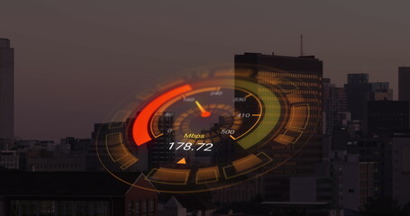 Naklejka premium Image of orange speedometer over cityscape