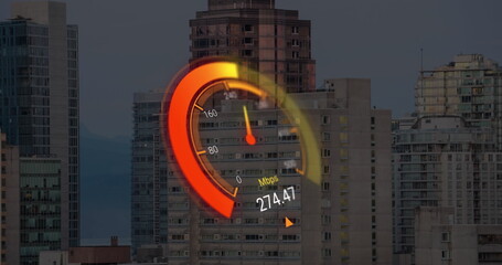 Image of orange speedometer over cityscape