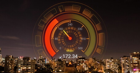 Image of orange speedometer over night cityscape