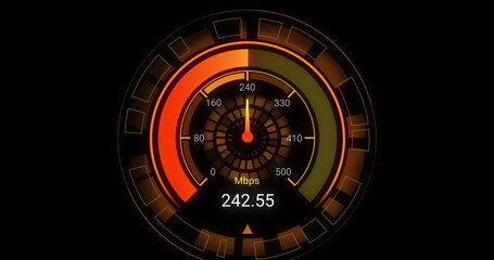 Image of orange speedometer over black background