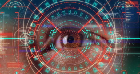 Image of neon shapes over eye of caucasian man