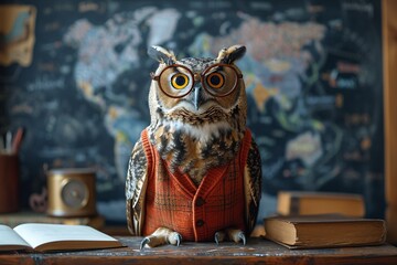 Owly - A Cute Owl in Glasses and a Sweater, Sitting on a Desk with Books and a Map in the Background Generative AI
