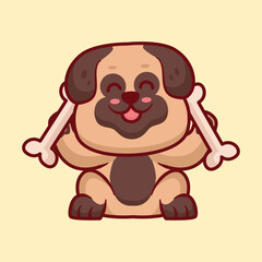 Bulldog puppy holding bone cartoon animal illustration