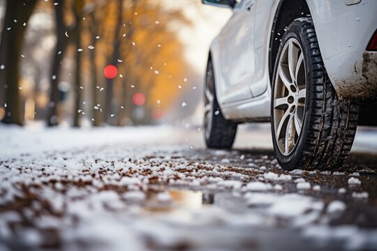 Winter tire. SUV car on snow road. Tires on snowy highway detail. close up view. Space for text. The concept of family travel to a ski resort. Winter or spring holidays adventures.