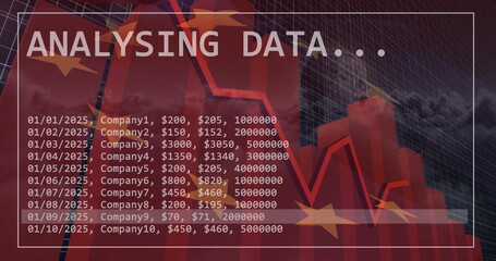 Image of statistics and data processing over waving flag of european union