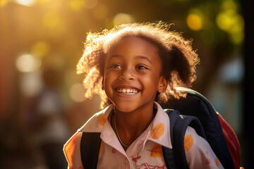 Bursting with Joy: Cheerful Young Girl Embracing the Excitement of Her First Day with a Fresh Backpack