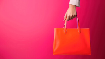 Joyful Retail Experience: Female Hand Holding Cheerful Colorful Shopping Bag